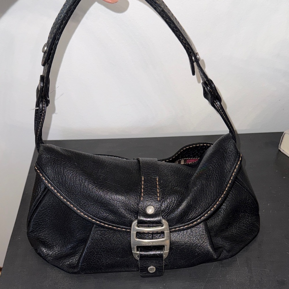 Hogan Black Leather Shoulder Bag with Silver Buckle